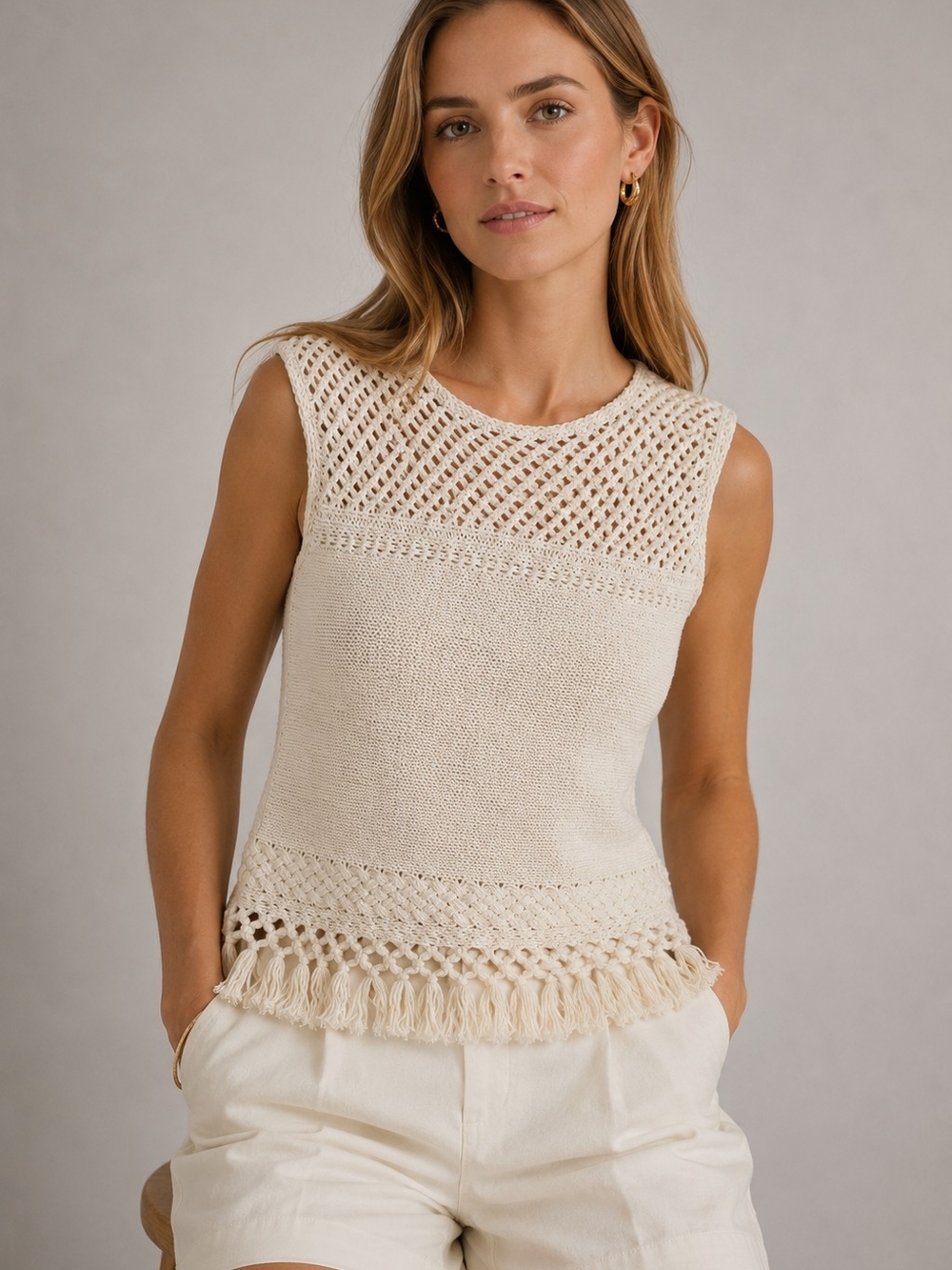 Lilly Pulitzer Beige Crochet Knit Fringe Top Sleeveless Coastal Quiet Luxury